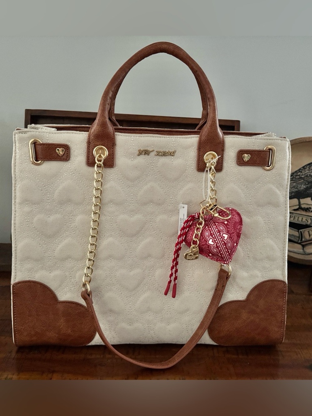 Betsey Johnson Cream Denim Quilted Tote with Brown & Gold Accents